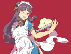 Rule 34 | 1girl, ;d, apron, baozi, cat hair ornament, china dress, chinese clothes, double bun, dress, food, frilled apron, frills, hair bun, hair ornament, long hair, maid headdress, middle finger, one eye closed, open mouth, purple hair, ranma 1/2, red background, red eyes, ro dai, shampoo (ranma 1/2), side slit, sidelocks, smile, solo, tray, waitress, wink
