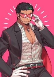 Rule 34 | 1boy, bandaid, bandaid on face, bandaid on nose, bara, belt, black hair, black pants, black suit, bulge, cowboy shot, dark-skinned male, dark skin, facial hair, formal, gloves, goatee, green hair, hozu (hozumi), kyoichi (active agent) (live a hero), kyoichi (live a hero), large pectorals, live a hero, looking at viewer, male focus, mature male, multicolored hair, muscular, muscular male, official alternate costume, pants, partially unbuttoned, pectoral cleavage, pectorals, pink background, shirt, short hair, sideburns, solo, streaked hair, striped clothes, striped shirt, suit, whistle, whistle around neck, white gloves, white shirt