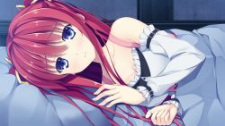 Rule 34 | 1girl, aikawa tatsuki, bag, bed sheet, blue eyes, breasts, cleavage, closed mouth, collarbone, detached sleeves, frown, game cg, hair between eyes, hair ribbon, indoors, long hair, long sleeves, looking at viewer, lying, medium breasts, on side, pillow, red hair, ribbon, ryuukishi bloody saga, saria blance, solo, strapless, twintails, under covers, upper body, white sleeves, yellow ribbon