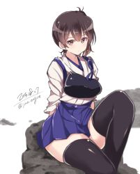 Rule 34 | 10s, 1girl, breasts, brown eyes, brown hair, japanese clothes, jiino, kaga (kancolle), kantai collection, muneate, short hair, side ponytail, skirt, solo, thighhighs