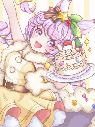 Rule 34 | 1girl, :3, :d, animal ears, arm up, belt, berry, blonde hair, blush, bow, braid, cake, chanon, character request, christmas, christmas tree, coat, cream, doily, dress, food, fur, fur-trimmed coat, fur collar, fur trim, gift, hair bow, hair ornament, hair ribbon, hat, highres, holding, holding plate, holly, layered dress, long hair, looking at viewer, monster strike, multicolored hair, open mouth, plate, pom pom (clothes), purple eyes, purple hair, rabbit, ribbon, santa hat, sleeveless, sleeveless coat, smile, solo, sparkle, star (symbol), star hair ornament, strapless, strapless dress, streaked hair, tongue, tongue out, twin braids, two-tone hair