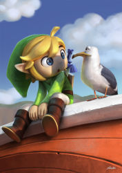 Rule 34 | 1boy, ahoge, bird, blonde hair, blue eyes, boots, cassio yoshiyaki, cloud, cloudy sky, day, highres, image sample, link, looking at another, master sword, nintendo, over shoulder, pointy ears, seagull, shield, shield on back, short hair, signature, sitting, sky, sword, sword over shoulder, the legend of zelda, the legend of zelda: the wind waker, toon link, weapon, weapon over shoulder