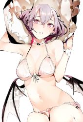 Rule 34 | 1girl, bare arms, bare shoulders, bat wings, bikini, breasts, cleavage, commentary request, fang, front-tie top, gradient hair, hair between eyes, halterneck, halterneck, highres, looking at viewer, medium breasts, multicolored hair, navel, pink hair, purple eyes, purple hair, remilia scarlet, shunsei (muratou), simple background, solo, stomach, string bikini, swimsuit, touhou, white background, white bikini, wings