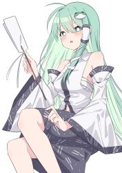 Rule 34 | 1girl, ahoge, bare shoulders, blush, detached sleeves, feet out of frame, fingernails, frog hair ornament, gohei, green eyes, green hair, grey skirt, hair between eyes, hair ornament, highres, holding, japanese clothes, kochiya sanae, long hair, nontraditional miko, open mouth, sarashi, simple background, skirt, snake hair ornament, solo, touhou, tsukimirin, white background, wide sleeves