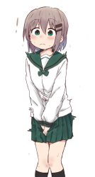 Rule 34 | !, 1girl, between legs, black socks, blush, brown hair, closed mouth, collarbone, embarrassed, female focus, flat chest, green eyes, green sailor collar, green skirt, hair ornament, hairclip, hand between legs, have to pee, highres, kneehighs, knees together feet apart, long sleeves, miniskirt, nose blush, own hands together, pleated skirt, ponnu (tnpn2yw), sailor collar, school uniform, shirt, short hair, simple background, skirt, socks, solo, standing, sweat, trembling, v arms, wavy mouth, white background, white shirt, wide-eyed, yama no susume, yukimura aoi