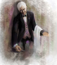 Rule 34 | 1boy, art brush, bow, bowtie, butler, character drawing themselves, closed eyes, commentary, formal, fourth wall, male focus, monocle, monocle chain, old, old man, original, paintbrush, painting (action), realistic, shirt, solo, suit, traditional bowtie, vest, walkalone, white hair, white shirt