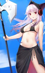 Rule 34 | 1girl, absurdres, animal ears, arknights, axe, bare arms, bare shoulders, beanie, bikini, black bikini, black hat, blue sky, breasts, commentary, cowboy shot, day, ears through headwear, fox ears, frostleaf (arknights), hat, highres, holding, holding axe, holding weapon, kotoha (kotoha65), long hair, looking at viewer, material growth, medium breasts, navel, open mouth, oripathy lesion (arknights), purple hair, red eyes, sarong, sky, solo, standing, stomach, swimsuit, thighs, very long hair, weapon