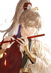 Rule 34 | 1boy, absurdres, androgynous, archer (fate/samurai remnant), chinese clothes, closed mouth, fate/samurai remnant, fate (series), flute, hair ornament, hair stick, half-closed eyes, highres, holding, holding flute, holding instrument, instrument, light brown hair, long hair, long sleeves, looking down, male focus, ponytail, simple background, smile, solo, tassel, tassel hair ornament, tenderina 123, upper body, white background, yellow eyes
