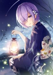 Rule 34 | 1girl, alternate costume, blue kimono, blue sky, cloud, cloudy sky, eyes visible through hair, fate/grand order, fate (series), floral print, flower, from side, hair flower, hair ornament, hair over one eye, holding, holding lantern, japanese clothes, kimono, lantern, looking at viewer, looking back, mash kyrielight, necomi, obi, parted lips, purple eyes, purple hair, sash, short hair, sitting, sky, smile, solo, wide sleeves