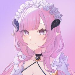 Rule 34 | 1girl, black choker, breasts, choker, cleavage, closed mouth, collarbone, commentary request, elysia (honkai impact), gradient background, hkhkfff0, honkai (series), honkai impact 3rd, horns, long hair, looking at viewer, medium breasts, pink background, pink hair, puffy sleeves, purple background, purple eyes, smile, solo
