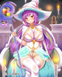 Rule 34 | 1girl, blush, breasts, candle, candlestand, cape, cleavage, clothing cutout, elbow gloves, fingerless gloves, gloves, hat, highleg, highleg leotard, kawase seiki, large breasts, leotard, long hair, looking at viewer, nail polish, navel, navel cutout, official art, original, purple hair, red eyes, showgirl skirt, sitting, skin tight, smile, solo, staff, thighhighs, thighs, very long hair, white gloves, white thighhighs, witch hat