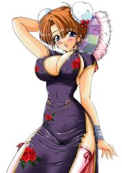 Rule 34 | 1girl, blue eyes, blush, breasts, brown hair, china dress, chinese clothes, cleavage, double bun, dress, female focus, hair bun, hand fan, highres, lipstick, looking at viewer, makeup, smile, solo