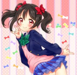 Rule 34 | 10s, 1girl, bico (bicoris), black hair, blazer, bow, bowtie, double m/, green bow, green bowtie, hair bow, jacket, long sleeves, looking at viewer, love live!, love live! school idol project, m/, red bow, red eyes, school uniform, skirt, smile, solo, striped bow, striped bowtie, striped clothes, striped neckwear, twintails, yazawa nico