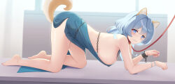 Rule 34 | 1girl, ako (blue archive), ako (dress) (blue archive), all fours, animal ears, backless dress, backless outfit, bare shoulders, barefoot, blue archive, blue dress, blue eyes, blue hair, blush, bracelet, breasts, chain, clenched teeth, cuffs, dog ears, dog tail, dress, hair between eyes, hairband, halo, highres, jewelry, large breasts, leash, looking at viewer, medium hair, rko (a470350510), shackles, sideboob, solo, tail, teeth