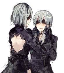 Rule 34 | 1boy, 1girl, backless dress, backless outfit, bad id, bad pixiv id, black dress, blindfold, blush, buttons, closed mouth, double-breasted, dress, grey background, grey hair, hair between eyes, hairband, hands on another&#039;s cheeks, hands on another&#039;s face, hands up, ikeuchi tanuma, juliet sleeves, long sleeves, nier:automata, nier (series), parted lips, puffy sleeves, short hair, simple background, smile, upper body, white background, 2b (nier:automata), 9s (nier:automata)