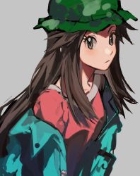 Rule 34 | 1girl, blush, brown eyes, brown hair, buttons, camouflage, camouflage headwear, closed mouth, coat, commentary, creatures (company), eyelashes, game freak, green coat, green hat, hat, highres, leaf (pokemon), leaf (sygna suit) (pokemon), mei (manjunii), nintendo, off shoulder, official alternate costume, open clothes, open coat, pink shirt, pokemon, pokemon masters ex, shirt, sidelocks, solo, symbol-only commentary, upper body