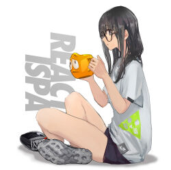 Rule 34 | 1girl, black hair, black shorts, brown eyes, chinese commentary, commentary request, cup, defy (girls&#039; frontline), from side, full body, girls&#039; frontline, glasses, holding, holding cup, indian style, lin+, long hair, mug, nike (company), original, shirt, shoes, short sleeves, shorts, simple background, sitting, sneakers, solo, t-shirt, white background, white shirt