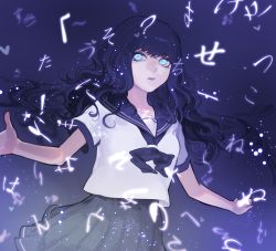 Rule 34 | !, 1girl, ?, aqua eyes, bad id, bad pixiv id, black hair, blue eyes, floating hair, glowing, heart, light particles, long hair, looking at viewer, ohisashiburi, open mouth, orb, original, outstretched arms, pleated skirt, sailor collar, school uniform, serafuku, short sleeves, skirt, solo, sparkle, symbol, wavy hair