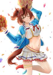 1girl absurdres animal_ears belt blue_jacket blush breasts brown_eyes brown_hair cheerleader commentary_request confetti hair_ornament highres holding holding_pom_poms horse_ears horse_girl horse_tail jacket medium_breasts midriff multicolored_hair navel nice_nature_(run&amp;win)_(umamusume) nice_nature_(umamusume) official_alternate_costume official_alternate_hairstyle one_eye_closed open_clothes open_mouth pom_pom_(cheerleading) pom_poms ribbon short_hair simple_background smile solo stomach streaked_hair tail tsukiyuki_mike umamusume white_background yellow_belt