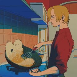 Rule 34 | 1boy, arm hair, blonde hair, boyidieboy, cigarette, cooking, curly eyebrows, facial hair, food, fried rice, from side, frying pan, goatee, hair over one eye, highres, holding, holding frying pan, holding spatula, hourglass, indoors, kitchen, looking down, male focus, mouth hold, mustache, one piece, profile, red shirt, sanji (one piece), shirt, short hair, solo, spatula, stove, upper body