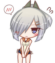 Rule 34 | 1girl, alternate costume, alternate hairstyle, bare shoulders, blue eyes, blush, breasts, chibi, clothes pull, cosplay, hair ornament, hair over one eye, hairclip, hairpin, hamakaze (kancolle), i-401 (kancolle), i-401 (kancolle) (cosplay), kantai collection, komakoma (magicaltale), large breasts, looking at viewer, one-piece swimsuit, open mouth, ponytail, sailor collar, school swimsuit, school uniform, serafuku, shirt pull, short hair, short ponytail, silver hair, solo, spoken blush, swimsuit, swimsuit under clothes, v arms