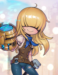 Rule 34 | 1girl, academy prodigy (legends of runeterra), ahoge, arm at side, belt, blonde hair, blue scarf, blunt bangs, blurry, blurry background, brown belt, buttons, cowboy shot, double-breasted, energy, energy gun, gun, hair over eyes, hand up, handgun, league of legends, long hair, o-ring, pants, phantom ix row, puffy short sleeves, puffy sleeves, scarf, short sleeves, smile, solo, torn clothes, torn pants, weapon, wrench