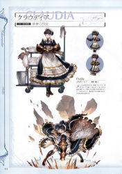 Rule 34 | 10s, 1girl, absurdres, apron, bare back, black dress, black footwear, black hair, blunt bangs, boots, broken ground, character name, chibi, claudia (granblue fantasy), cross-laced footwear, dress, full body, gauntlets, granblue fantasy, grey eyes, hair bun, highres, juliet sleeves, lace-up boots, long sleeves, maid, maid apron, maid headdress, minaba hideo, multiple views, non-web source, official art, puffy long sleeves, puffy sleeves, scan, shatter, short hair, simple background, single hair bun, underbust, white apron