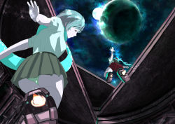Rule 34 | 2girls, aqua hair, blue hair, boots, cloud, fire, fire, from below, grey eyes, highres, jet boots, kanrobi, launching, looking at viewer, looking back, multiple girls, multiple moons, night, night sky, original, outstretched arms, panties, pantyshot, ponytail, retractable roof, scarf, science fiction, shorts, skirt, sky, underwear