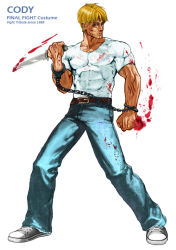 Rule 34 | 1boy, artist request, blonde hair, blood, capcom, cody travers, cuffs, denim, final fight, handcuffs, jeans, knife, male focus, pants, solo, street fighter, tagme