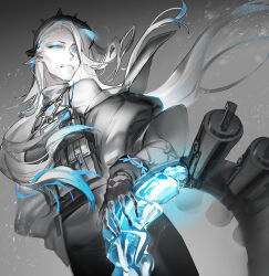 Rule 34 | 1girl, aqua eyes, aqua hair, arknights, bare shoulders, black gloves, colored skin, colored tips, detached sleeves, fingerless gloves, gloves, glowing, glowing eyes, grey hair, hair over one eye, infection monitor (arknights), jacket, long hair, looking at viewer, mantra (arknights), mizukai, multicolored hair, old, old woman, pale skin, pointy ears, simple background, snake girl, snake tail, solo, tail, two-tone hair, upper body, very long hair, white background, white skin