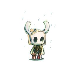 Rule 34 | boots, brown footwear, empty eyes, highres, hollow knight, hood, hood up, horned mask, horns through hood, knight (hollow knight), looking to the side, mask, no humans, ocohc, rain, rubber boots, simple background, standing, water drop, white background, yellow raincoat