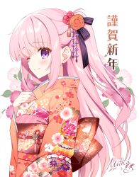 Rule 34 | 1girl, ;), blush, brown kimono, closed mouth, commentary request, floral background, floral print, flower, hair between eyes, hair flower, hair ornament, hand up, japanese clothes, kimono, long hair, long sleeves, mitha, obi, one eye closed, one side up, orange flower, original, pink hair, print kimono, purple eyes, red flower, sash, signature, simple background, smile, solo, translation request, upper body, very long hair, white background, wide sleeves
