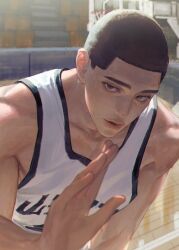 Rule 34 | 1boy, basketball court, basketball uniform, black hair, brown eyes, character request, copyright request, hand up, jnkku, looking to the side, male focus, parted lips, solo, sportswear, upper body