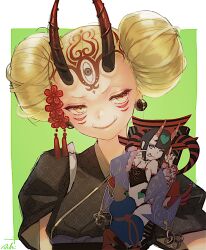Rule 34 | 1girl, ;p, big hair, black kimono, blonde hair, chinese clothes, double bun, dudou, earrings, eyeliner, facial mark, fang, fang out, fangs, fate/grand order, fate (series), female focus, fingernails, flower, forehead mark, gourd, hagoita, hair bun, hair flower, hair ornament, horns, ibaraki douji (fate), ibaraki douji (sign of smiling face) (fate), isagiyo, japanese clothes, jewelry, kimono, makeup, one eye closed, oni, paddle, sharp fingernails, short sleeves, shuten douji (fate), shuten douji (fate/grand order), shuten douji (halloween caster) (fate), skin-covered horns, smile, solo, tongue, tongue out, two-tone background, upper body, yellow eyes