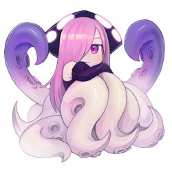 Rule 34 | 1girl, black gloves, blush, child, closed mouth, commission, crossed arms, dress, duplicate, elbow gloves, full body, gloves, hair over one eye, highres, hugging own legs, kraken (monster girl encyclopedia), long hair, looking at viewer, monster girl, monster girl encyclopedia, one eye covered, pink eyes, pink hair, purple dress, purple gloves, scylla, simple background, sitting, smile, solo, sookmo, suction cups, tentacles, white background
