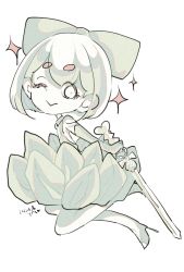 Rule 34 | 1other, ;&gt;, bob cut, bow, chibi, diamond (houseki no kuni), dress, elbow gloves, from side, full body, gloves, hair bow, high heels, holding, holding sword, holding weapon, houseki no kuni, jumping, looking at viewer, one eye closed, short hair, simple background, solo, sparkle, sword, weapon, white background, yawo