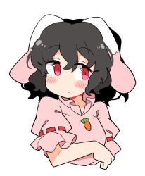 Rule 34 | 1girl, animal ears, black hair, blush, carrot necklace, closed mouth, dress, frilled sleeves, frills, hair between eyes, inaba tewi, ini (inunabe00), jewelry, necklace, pink dress, rabbit ears, red eyes, short hair, short sleeves, simple background, solo, touhou, upper body, white background