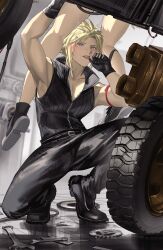 Rule 34 | 1boy, 1girl, absurdres, after cunnilingus, arm ribbon, arm up, bare legs, bare shoulders, belt, belt buckle, black footwear, black gloves, black panties, black pants, blonde hair, blue eyes, blush, buckle, chinese commentary, cloud strife, collarbone, commentary, couple, duoj ji, final fantasy, final fantasy vii, final fantasy vii advent children, gears, gloves, hair ornament, hairclip, hetero, high collar, highres, holding, implied cunnilingus, indoors, motor vehicle, motorcycle, panties, panties around leg, pants, pussy juice, red ribbon, ribbon, sitting, sleeveless, spiked hair, squatting, tifa lockhart, tongue, tongue out, tools, underwear