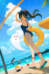 Rule 34 | 1boy, 2girls, 95---, :d, absurdres, adjusting eyewear, aether (genshin impact), alternate costume, beach, beach umbrella, beach volleyball, bird, blonde hair, blue one-piece swimsuit, blue sky, boo tao (genshin impact), braid, breasts, brown hair, bug, butterfly, commentary, crab, english commentary, eyewear on head, full body, genshin impact, ghost, hand on eyewear, heart, heart-shaped eyes, highres, holding, holding swim ring, hu tao (genshin impact), innertube, insect, long hair, looking at viewer, low-braided long hair, low-tied long hair, multiple girls, ocean, one-piece swimsuit, open mouth, purple hair, raiden shogun, red eyes, sandals, sky, small breasts, smile, sunglasses, swim ring, swimsuit, symbol-shaped pupils, twintails, umbrella, volleyball net, yellow innertube