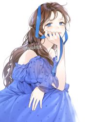 Rule 34 | 1girl, artist name, bare arms, bare shoulders, blue dress, blue eyes, blue ribbon, brown hair, check copyright, commentary request, copyright request, dress, long hair, looking at viewer, original, ribbon, short sleeves, simple background, smile, solo, sukja, white background