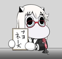 Rule 34 | (o) (o), 1girl, abyssal ship, bespectacled, comic, commentary request, formal, glasses, hair between eyes, holding, holding sign, horns, kantai collection, long hair, microphone, moomin, muppo, necktie, real life, sazanami konami, sign, solo, suit, translation request, upper body, watch