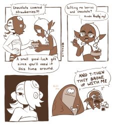 Rule 34 | 1boy, 2girls, :t, alcohol, big man (splatoon), boffix, box, box of chocolates, chest sarashi, chocolate, chocolate strawberry, clothing cutout, comic, crop top, crying, crying with eyes open, cup, dark-skinned female, dark skin, domino mask, ear wiggle, earrings, eating, fangs, flat chest, food, food in mouth, fruit, frye (splatoon), gift, glass, hair over one eye, hand on own hip, highres, holding, holding box, holding chocolate, holding food, holding fruit, inkling, inkling player character, jewelry, manta ray, mask, midriff, monochrome, multiple earrings, multiple girls, nintendo, no mouth, octoling, octoling player character, open mouth, pointy ears, sarashi, screaming, sepia, shiver (splatoon), snot, splatoon (series), splatoon 3, strawberry chocolate, streaming tears, suction cups, tears, tentacle hair, thigh cutout, tooth earrings, unamused, yuri