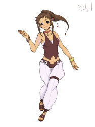 Rule 34 | 1girl, bracelet, brown footwear, brown hair, brown shirt, character request, commentary request, grey eyes, hidekichi (09075470338), highres, jewelry, looking at viewer, midriff, pants, ponytail, sandals, shirt, sleeveless, sleeveless shirt, smile, solo, standing, tachi-e, tank top, thigh strap, white background, white pants, zoids, zoids genesis