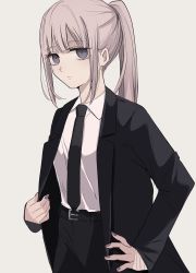 Rule 34 | 1girl, bandaged hand, bandages, belt, belt buckle, black belt, black jacket, black necktie, black pants, brown hair, buckle, closed mouth, collared shirt, formal, grey background, grey eyes, hand on own hip, highres, jacket, long hair, long sleeves, looking at viewer, necktie, open clothes, open jacket, original, pant suit, pants, ponytail, shirt, sidelocks, simple background, sleeves past wrists, solo, suit, tsuruse, white shirt