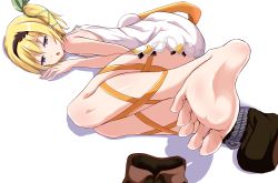 Rule 34 | 1girl, barefoot, blonde hair, blue eyes, boots, edna (tales), feet, hair ribbon, hairband, iberiko (soinesitai), leg ribbon, looking at viewer, parted lips, ribbon, shoes, unworn shoes, side ponytail, soles, tales of (series), tales of zestiria, toes