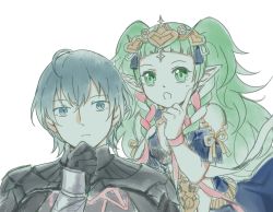 Rule 34 | 1boy, 1girl, armor, black gloves, blue eyes, blue hair, braid, byleth (fire emblem), byleth (male) (fire emblem), chiveandunknown, closed mouth, fire emblem, fire emblem: three houses, gloves, green eyes, green hair, highres, long hair, nintendo, open mouth, pointy ears, ribbon braid, short hair, simple background, sothis (fire emblem), thinking, tiara, twin braids, upper body, white background