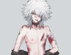 Rule 34 | 1boy, 7cs (congchuabuoito), bad id, bad pixiv id, bandage over one eye, bandaged arm, bandages, bare shoulders, blood, blood from mouth, broken, broken chain, chain, collar, collarbone, danganronpa (series), danganronpa 2: goodbye despair, fangs, green jacket, grey background, highres, injury, jacket, komaeda nagito, male focus, medium hair, messy hair, metal collar, open mouth, simple background, solo, undressing, white hair