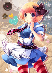 Rule 34 | 1girl, alice (alice in wonderland), alice in wonderland, belt, blonde hair, blue eyes, blush, bow, buttons, female focus, hair bow, heart, necktie, solo, striped clothes, striped thighhighs, thighhighs, yuunagi seshina