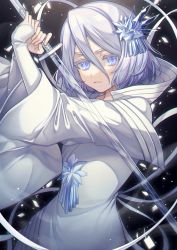 Rule 34 | 1girl, arms up, bleach, blue eyes, closed mouth, commentary request, dress, eyebrows hidden by hair, hair between eyes, hair ornament, holding, holding sword, holding weapon, ice, karokuchitose, katana, kuchiki rukia, long sleeves, looking at viewer, silver hair, sleeves past wrists, solo, spoilers, sword, transparent, weapon, white dress, wide sleeves