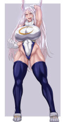 Rule 34 | 1girl, :p, animal ears, arm behind head, bare shoulders, boku no hero academia, border, breasts, cameltoe, clenched hand, covered abs, covered erect nipples, covered navel, crescent print, dark-skinned female, dark skin, full body, fur collar, gloves, grey background, hair between eyes, highleg, highleg leotard, highres, huge breasts, leotard, long eyelashes, long hair, looking at viewer, mirko, muscular, muscular female, open mouth, parted bangs, puripuri jet, purple thighhighs, rabbit ears, rabbit girl, rabbit tail, red eyes, sleeveless turtleneck leotard, smile, solo, tail, taut leotard, thick thighs, thighhighs, thighs, tongue, tongue out, very long hair, white border, white gloves, white hair, white leotard